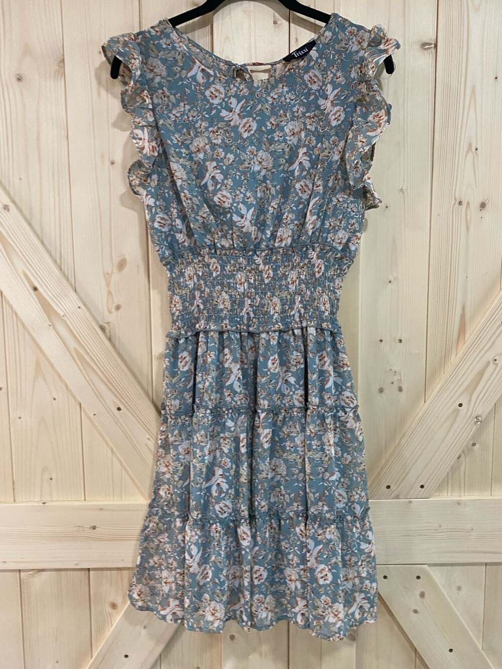 Trixxi Blue Floral Smocked Waist Ruffle Sleeve Tiered Mini Dress size large